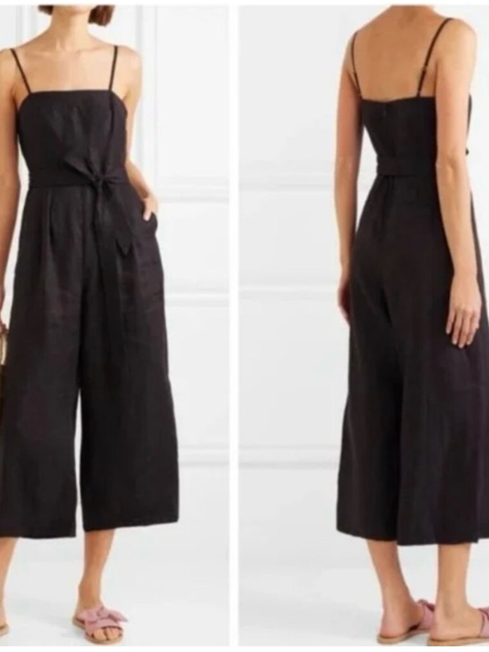 J. Crew Black Linen Wide-Leg Cropped Tie-Waist Jumpsuit